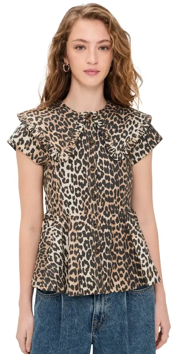 Printed Stretch Cotton Peter Pan Collar Shirt Almond Milk