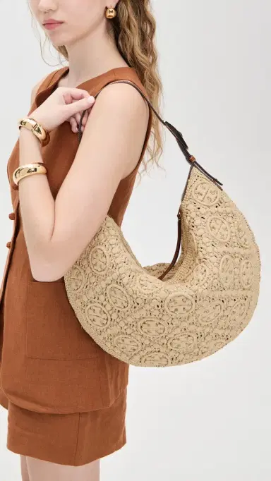 Tory Burch T Monogram Raffia Balloon Bag Natural One Size | Thumbnail 3