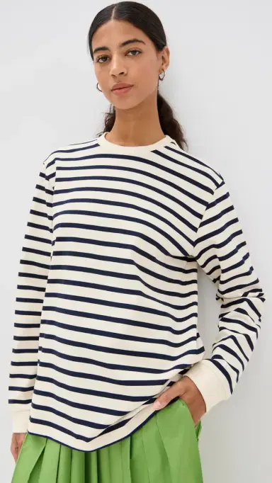 Tibi Striped Perfect Tee Crew Neck Navy ulti | Thumbnail 2