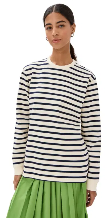 Tibi Striped Perfect Tee Crew Neck Navy ulti | Thumbnail 1