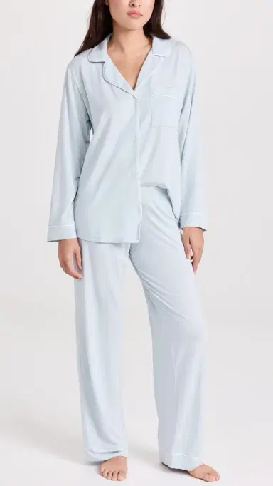 Eberjey Gisele Modal Long Pajama Set Ice Blue/ Ivory M | Thumbnail 2