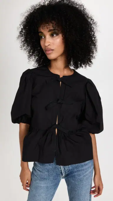 GANNI Cotton Poplin Peplum Blouse Black | Thumbnail 2
