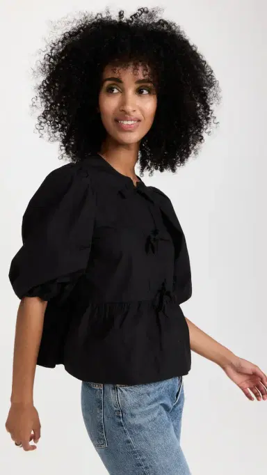 GANNI Cotton Poplin Peplum Blouse Black | Thumbnail 4