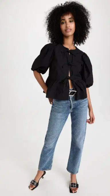 GANNI Cotton Poplin Peplum Blouse Black | Thumbnail 5