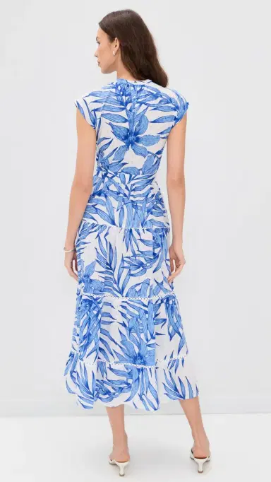 Poupette St Barth Tiered Palm Dress Blue Palm Leaf | Thumbnail 3