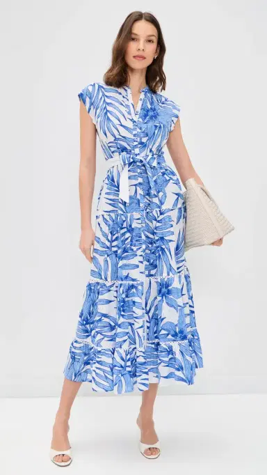 Poupette St Barth Tiered Palm Dress Blue Palm Leaf | Thumbnail 5