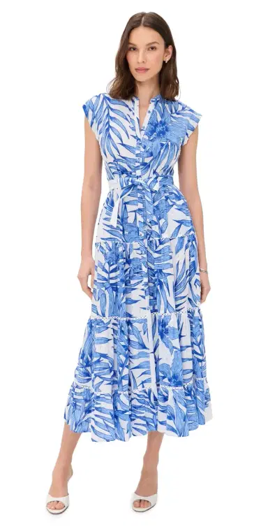Poupette St Barth Tiered Palm Dress Blue Palm Leaf | Thumbnail 1