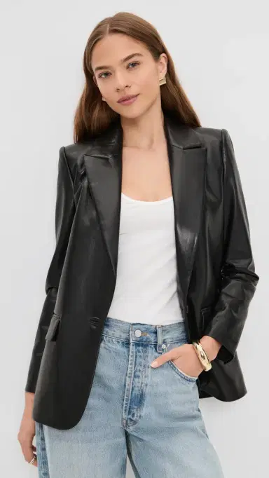 Alice + Olivia Denny Faux Leather Notch Collar Blazer Black L | Thumbnail 2 Alice + Olivia Denny Faux Leather Notch Collar Blazer Black L | Thumbnail 2