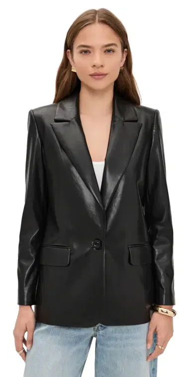 Alice + Olivia Denny Faux Leather Notch Collar Blazer Black L | Thumbnail 1 Alice + Olivia Denny Faux Leather Notch Collar Blazer Black L | Thumbnail 1
