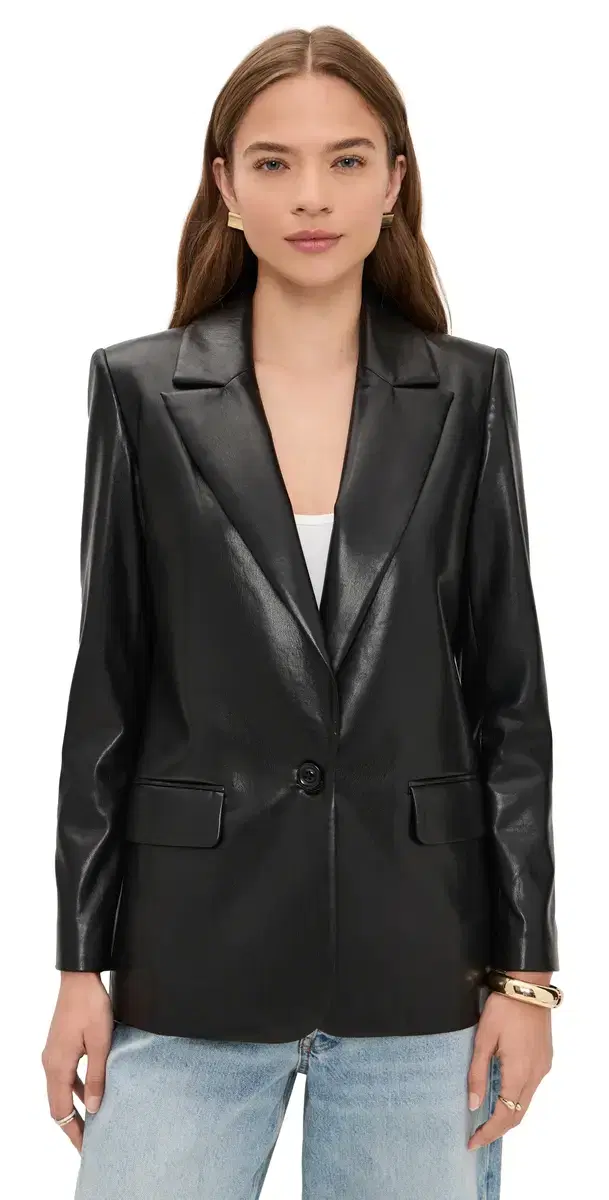 ALICE + OLIVIA Denny Faux eather Notch Collar Blazer Black