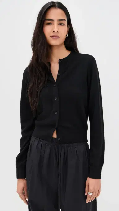 White + Warren Cashmere Crew Neck Cardigan Black | Thumbnail 2