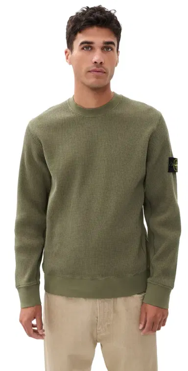 Stone Island Cotton Waffle Crew Sweatshirt ilitary Green | Thumbnail 1 Stone Island Cotton Waffle Crew Sweatshirt ilitary Green | Thumbnail 1