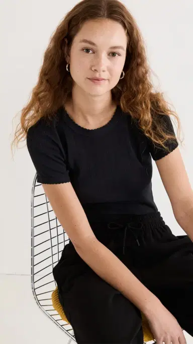 Leset Pointelle Short Sleeve Tee Black | Thumbnail 2
