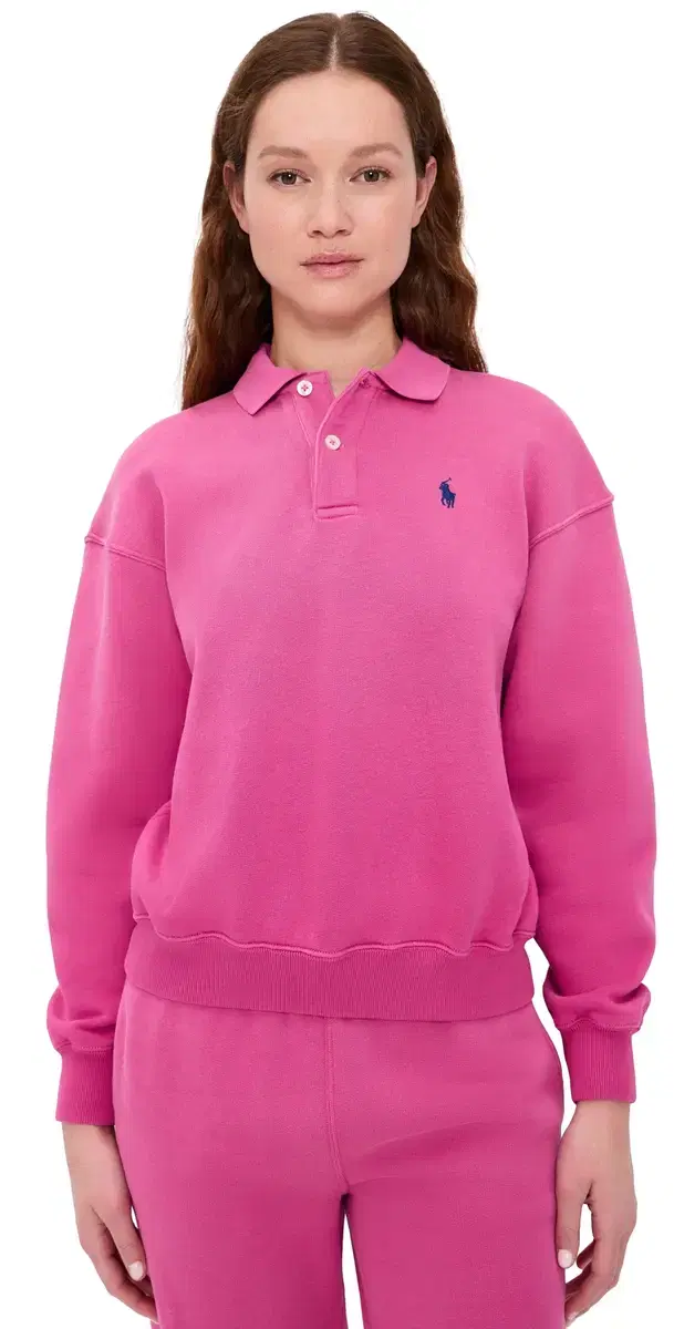 Polo Long Sleeve Fleece Pullover Accent Pink