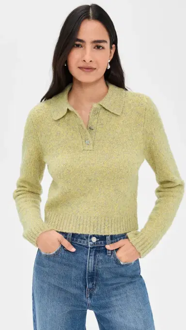 LE BOP Wren Boucle Crop Polo Sweater Citrine | Thumbnail 2 LE BOP Wren Boucle Crop Polo Sweater Citrine | Thumbnail 2