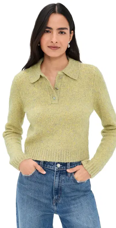 LE BOP Wren Boucle Crop Polo Sweater Citrine | Thumbnail 1 LE BOP Wren Boucle Crop Polo Sweater Citrine | Thumbnail 1
