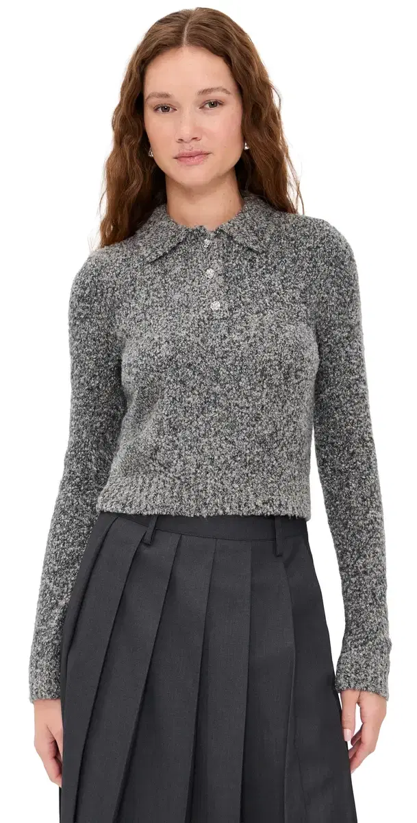 LE BOP Wren Boucle Crop Polo Sweater Charcoal