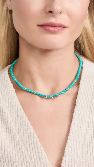 Zoë Chicco 14k Gold & Turquoise Rondelle Bead Necklace with 3 Prong Diamonds Turquoise One Size | Thumbnail 4