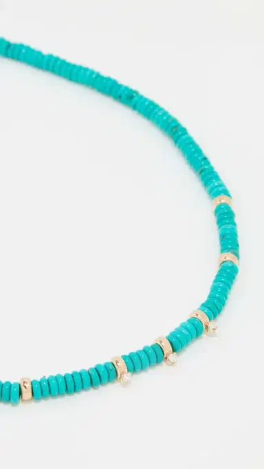 Zoë Chicco 14k Gold & Turquoise Rondelle Bead Necklace with 3 Prong Diamonds Turquoise One Size | Thumbnail 5