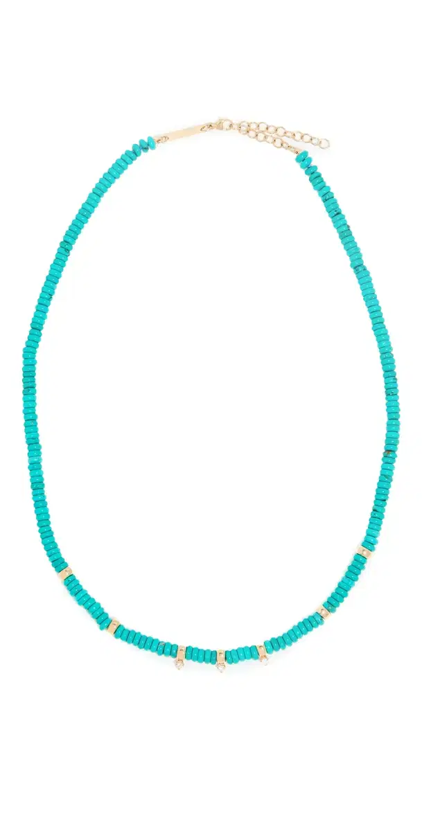 14k Gold & Turquoise Rondelle Bead Necklace with 3 Prong Diamonds Turquoise One Size
