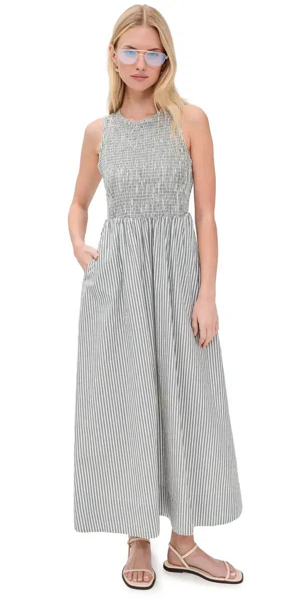 Darcy Smocked Poplin Dress Navy Stripe