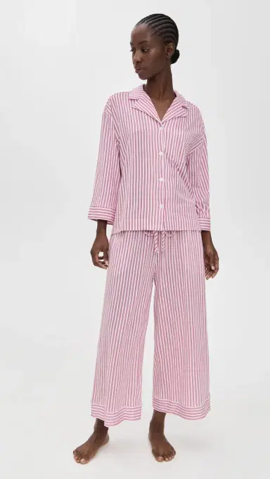 Petite Plume Luxe Pima Antique Ticking Wide Leg Pajama Set Antique Red Ticking S | Thumbnail 2