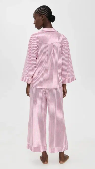 Petite Plume Luxe Pima Antique Ticking Wide Leg Pajama Set Antique Red Ticking S | Thumbnail 3
