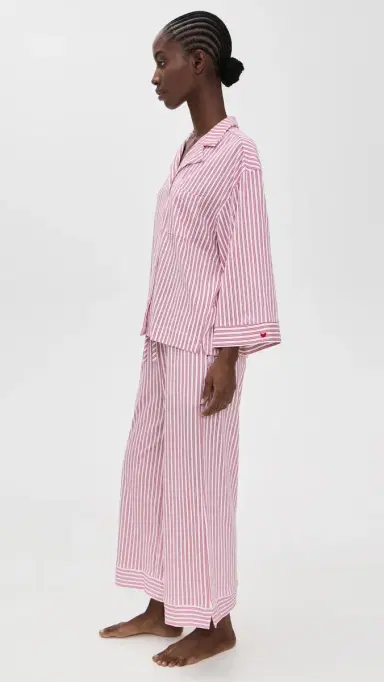 Petite Plume Luxe Pima Antique Ticking Wide Leg Pajama Set Antique Red Ticking S | Thumbnail 4