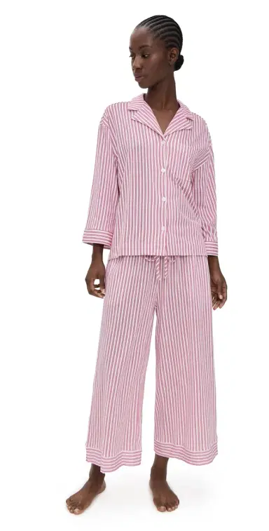 Petite Plume Luxe Pima Antique Ticking Wide Leg Pajama Set Antique Red Ticking S | Thumbnail 1