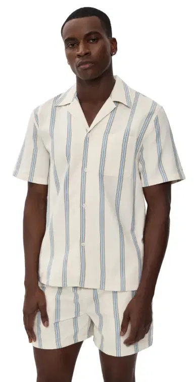 Les Deux Lawson Stripe Short Sleeve Shirt Eggnog White | Thumbnail 1 Les Deux Lawson Stripe Short Sleeve Shirt Eggnog White | Thumbnail 1