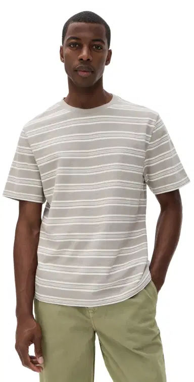 Wax London Textured Stripe Dean Tee Taupe/Ecru S | Thumbnail 1
