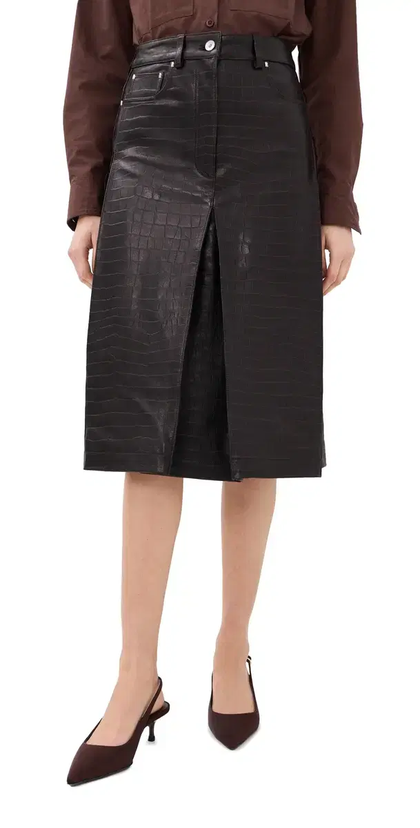 rabanne Lamb Leather Croc Embossed Skirt Dark Brown