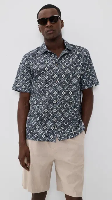 Les Deux Lukas Arabesque Short Sleeve Shirt Blue Fog L | Thumbnail 2