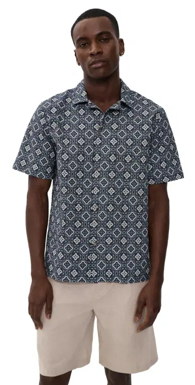 Les Deux Lukas Arabesque Short Sleeve Shirt Blue Fog L | Thumbnail 1