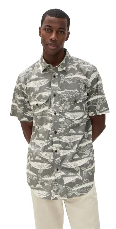 Filson Twin Lakes Short Sleeve port Shirt Beluga/Bold Fish Print | Thumbnail 1