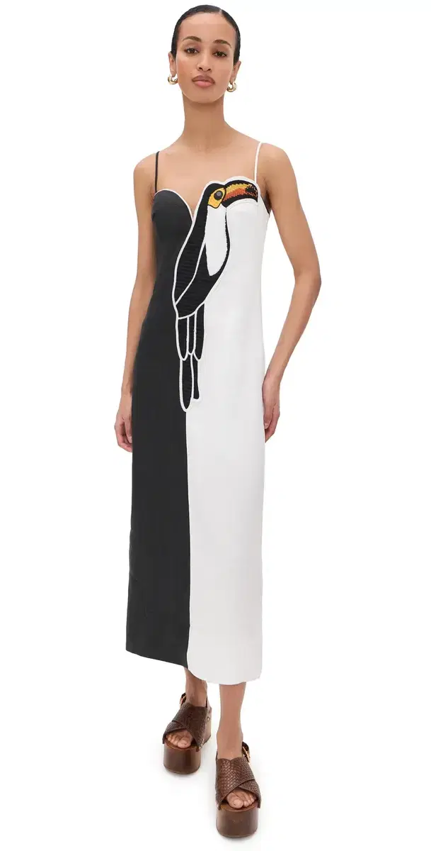 Black and White Embroidered Toucan leeve Dress Black and White