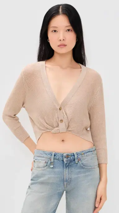 R13 3/4 Sleeve Twisted Front Cardigan Light Khaki S | Thumbnail 2