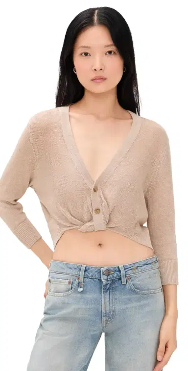 R13 3/4 Sleeve Twisted Front Cardigan Light Khaki S | Thumbnail 1