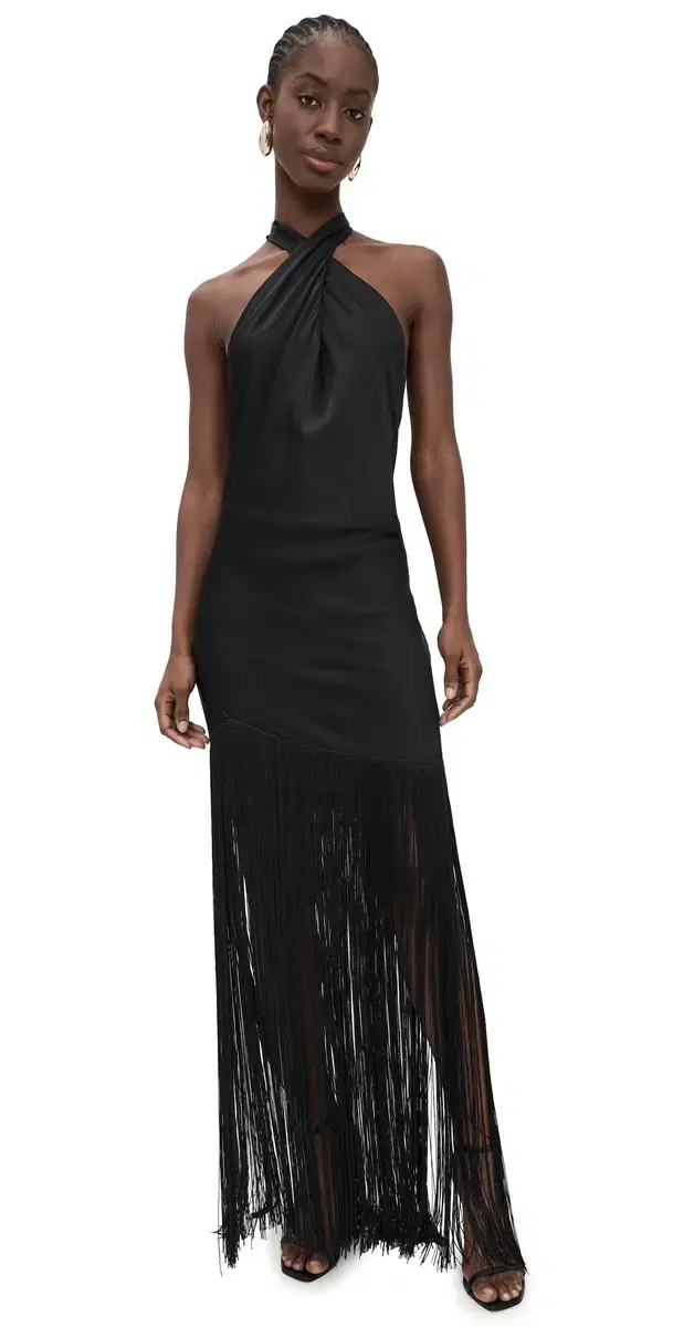Show Me Your Mumu Jasmine Fringe Maxi Dress Black uxe Satin