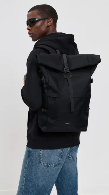 Sandqvist Icon Large Rolltop Backpack Black With Black Leather One Size | Thumbnail 3