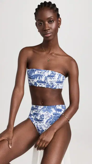 Staud Devon High Rise Bikini Bottoms Blue Toile L | Thumbnail 4