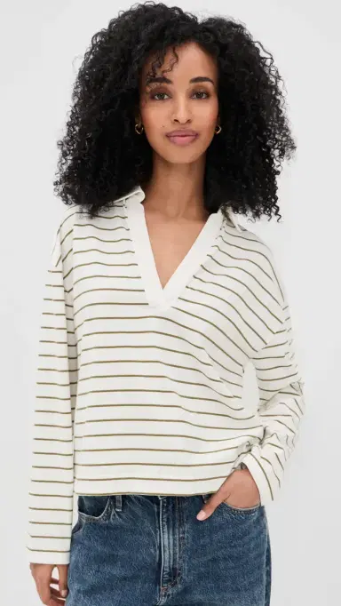 Vince Striped Easy Long Sleeve Polo Olive tone Combo | Thumbnail 2 Vince Striped Easy Long Sleeve Polo Olive tone Combo | Thumbnail 2