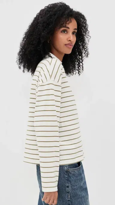 Vince Striped Easy Long Sleeve Polo Olive tone Combo | Thumbnail 4 Vince Striped Easy Long Sleeve Polo Olive tone Combo | Thumbnail 4