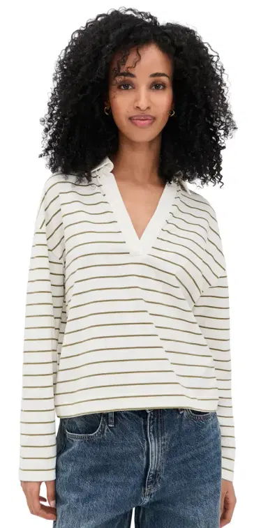 Vince Striped Easy Long Sleeve Polo Olive tone Combo | Thumbnail 1 Vince Striped Easy Long Sleeve Polo Olive tone Combo | Thumbnail 1