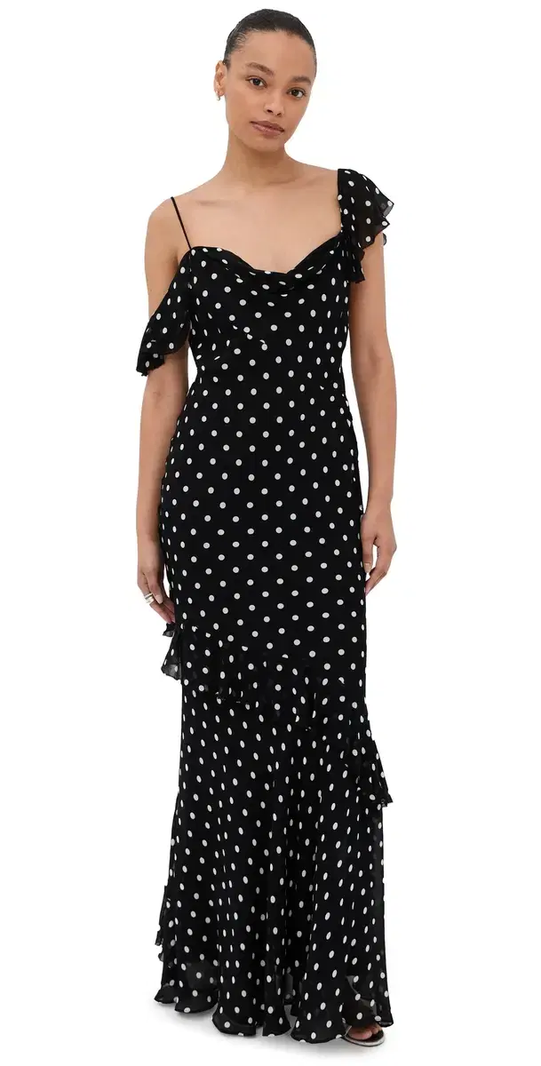 Polka Dot Georgette Ruffle Dress Black