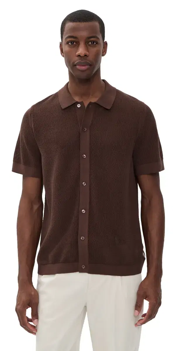 Onia Crochet Knit Button Up Shirt Espresso