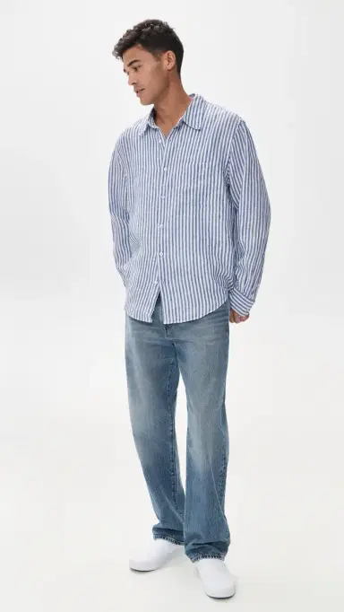 Madewell ong Sleeve Linen Top Blue Stripe | Thumbnail 5