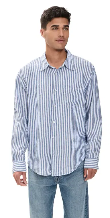 Madewell ong Sleeve Linen Top Blue Stripe | Thumbnail 1