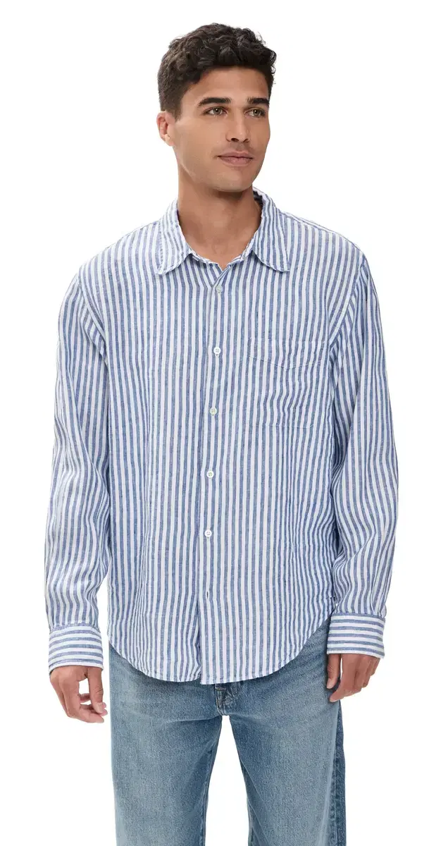 ong Sleeve inen Top Blue Stripe