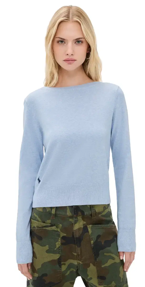 Cotton ong Sleeve Boat Neck Pullover Stone Blue Heather